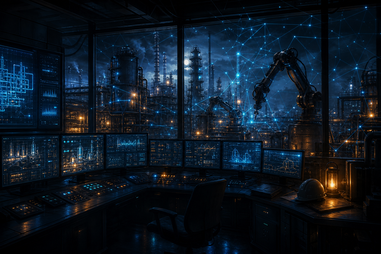 AI intruding into an industrial control room with SCADA displays and robotic machinery