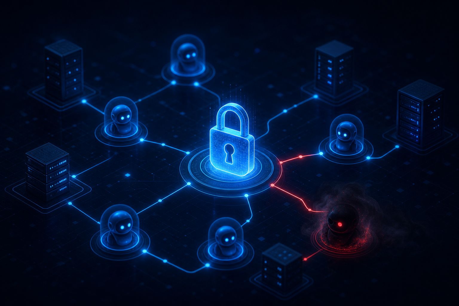 A glowing padlock connected by network lines to AI agent nodes, with one connection rerouted to a shadowy node, symbolizing a hijacked OAuth trust path