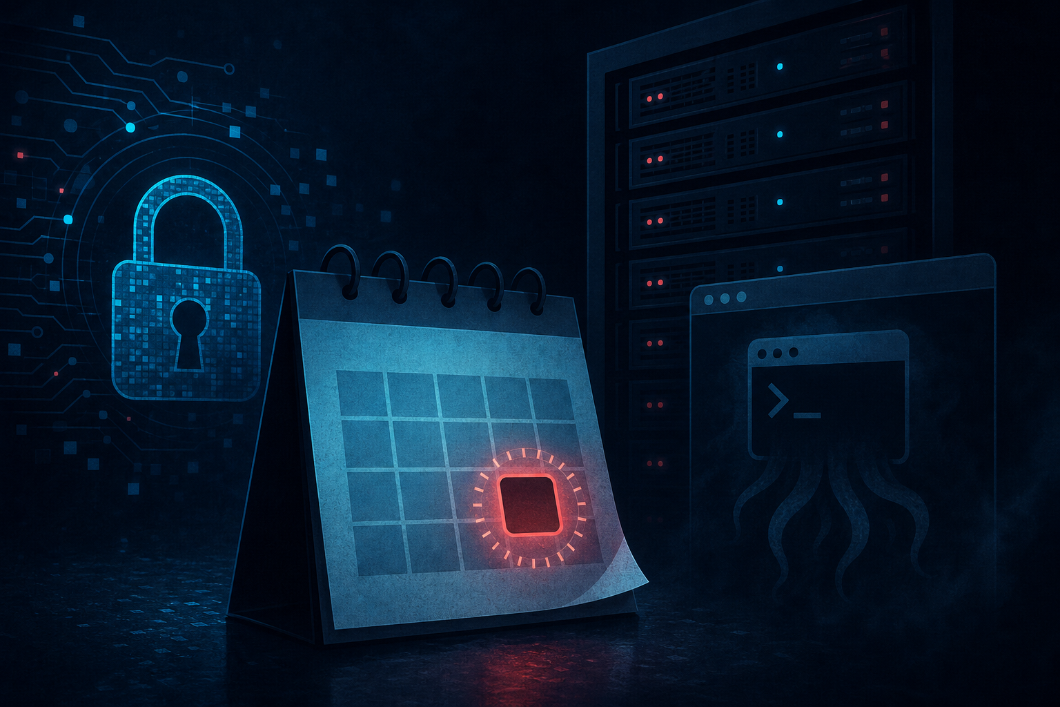 A glowing countdown calendar beside a padlock and server rack, symbolizing the shrinking window between patch disclosure and active exploitation